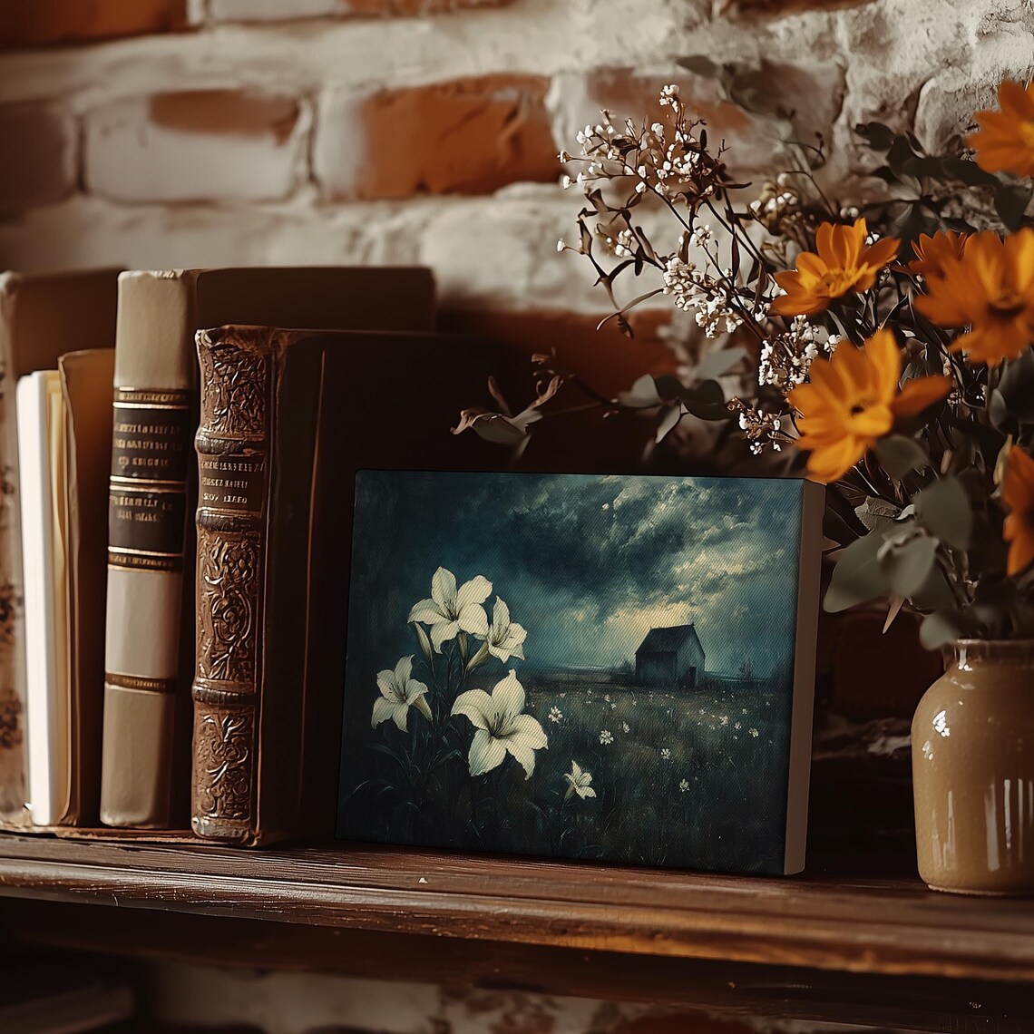 White Lilies Blooming at Night Beneath a Stormy Sky Art Poster - Image 5