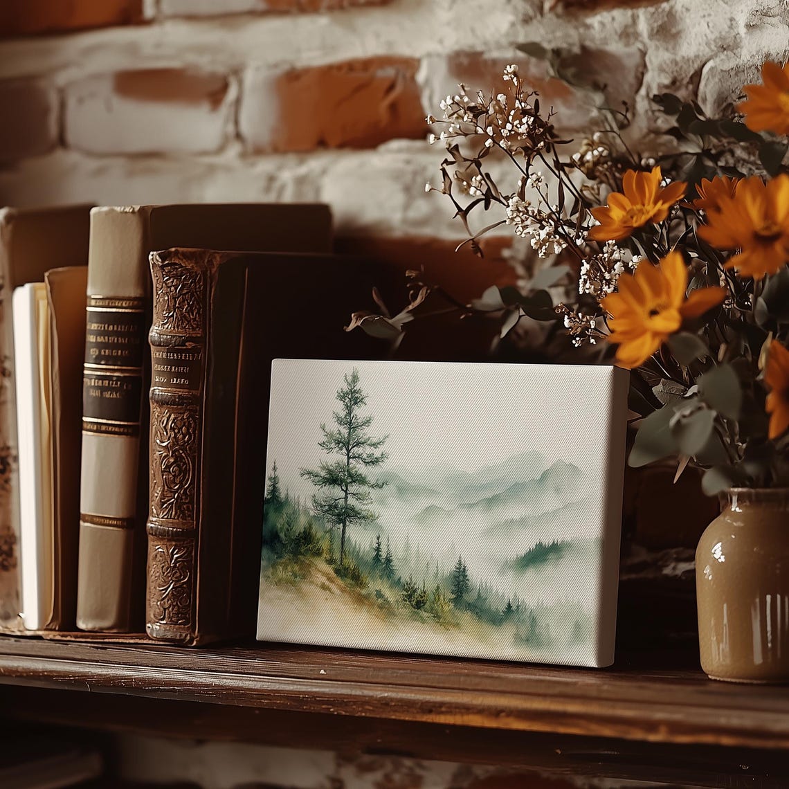 Misty Mountain Pine Forest in Soft Watercolor Greens Art Poster - Image 5