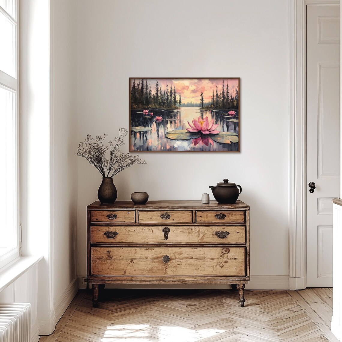 Pink Lily Pad Painting Vintage Flower Wall Print Water Lily Print Wall Decor Floral Wall Art Moody Oil Painting Art - Image 4