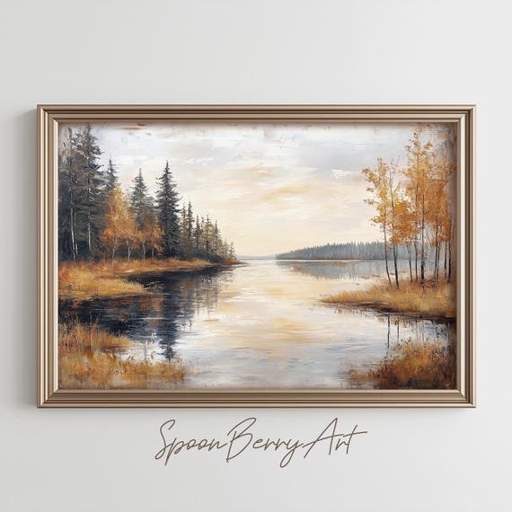 Fall Lake Painting Instant Vintage Wall Decor Custom Art Print Watercolor Oil Moody Country Autumn Landscape