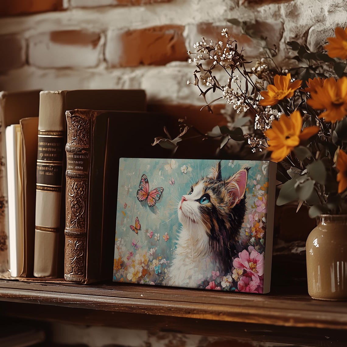 Curious Tabby Kitten Watching Butterfly Spring Floral Art Poster - Image 3