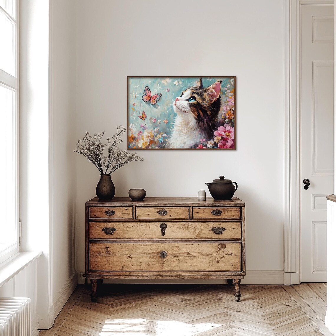 Curious Tabby Kitten Watching Butterfly Spring Floral Art Poster - Image 4