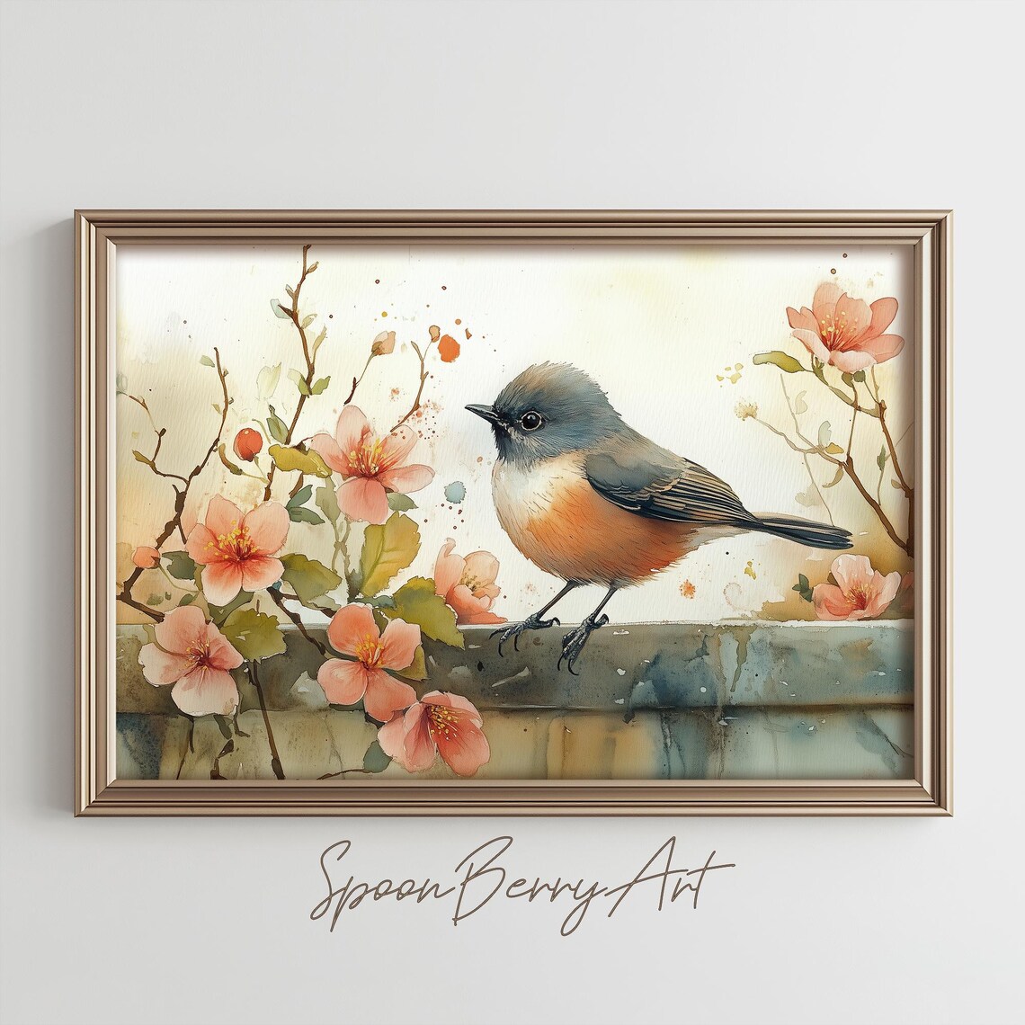 Little Songbird Perched Among Pink Blossoms Watercolor Poster