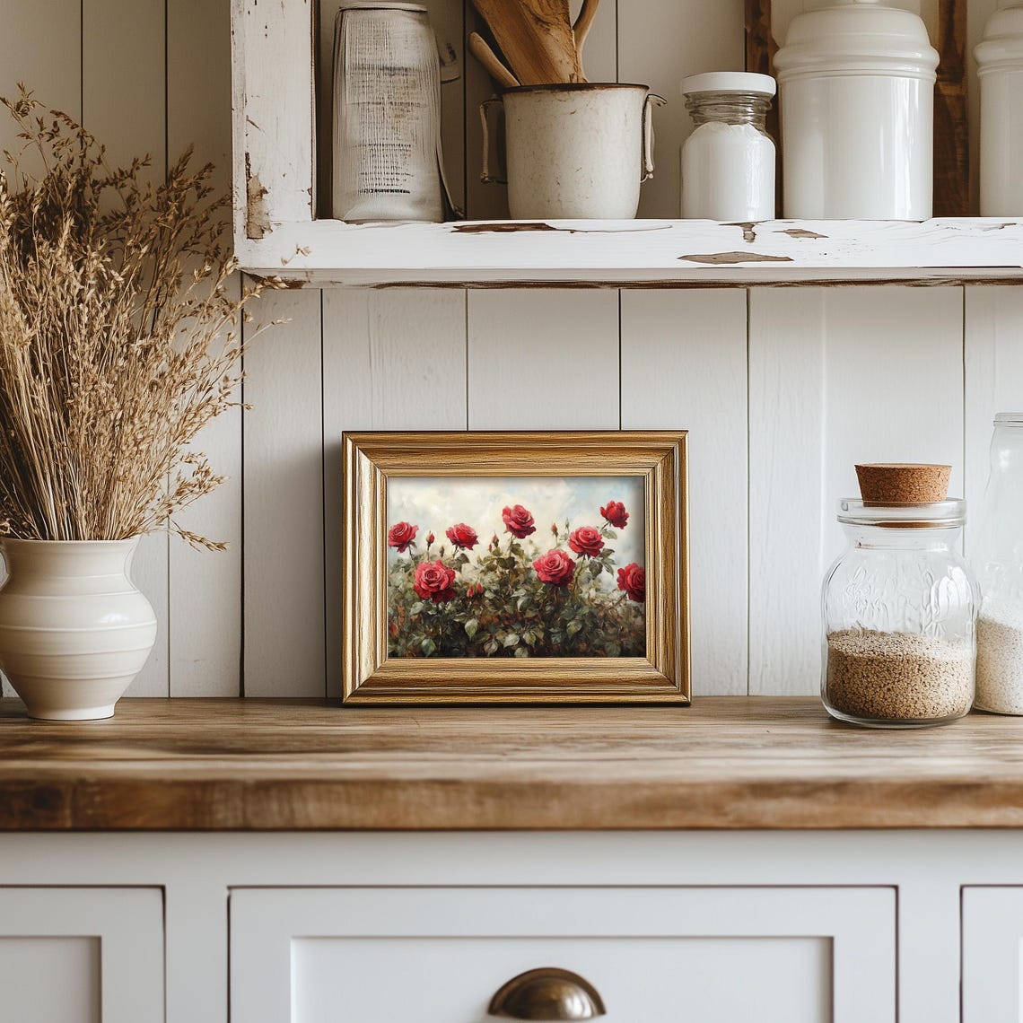 Red Rose Bush Blooming Profusely Against Bright Cloudy Sky Poster - Image 5