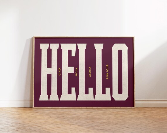 Hello Wall Art Ciao Hola Aloha Bonjour Typography Poster Preppy Apartment Decor Modern Quote Print Purple Bold Minimalist