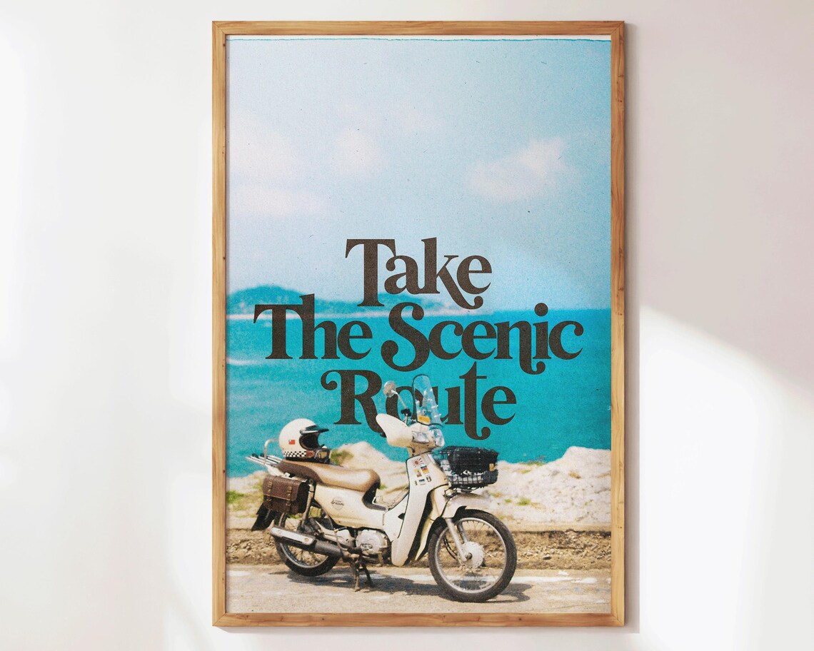 Take the Scenic Route Vintage Scooter Ocean Coast Retro Quote Poster