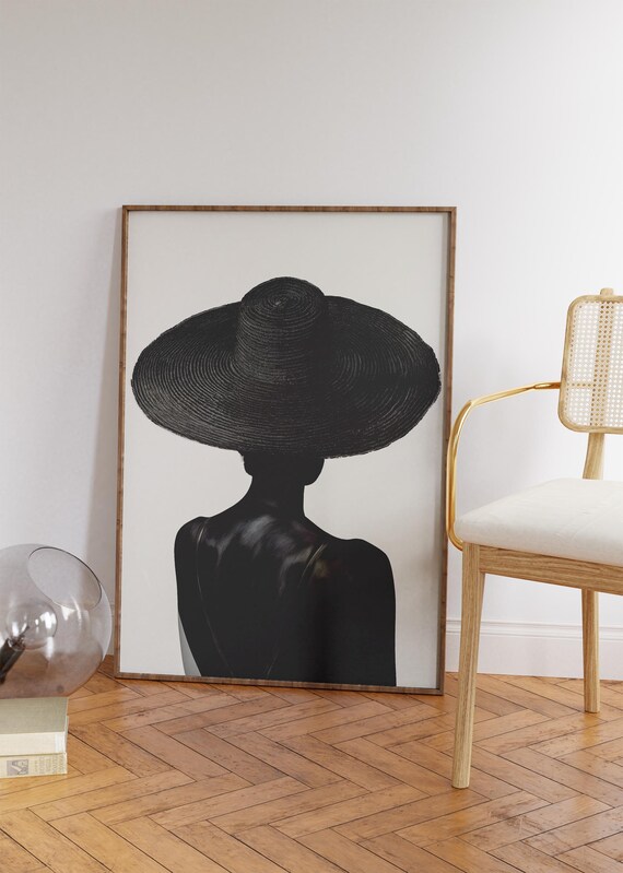 Black Woman Wide Brim Hat Silhouette Minimalist Elegance Wall Art