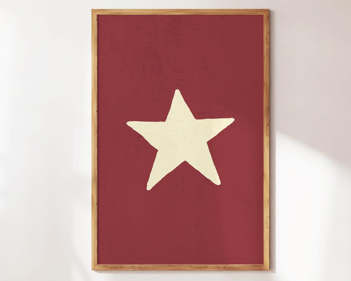 Hand Drawn Cream Star On Maroon Minimalist Retro Bedroom Wall Art