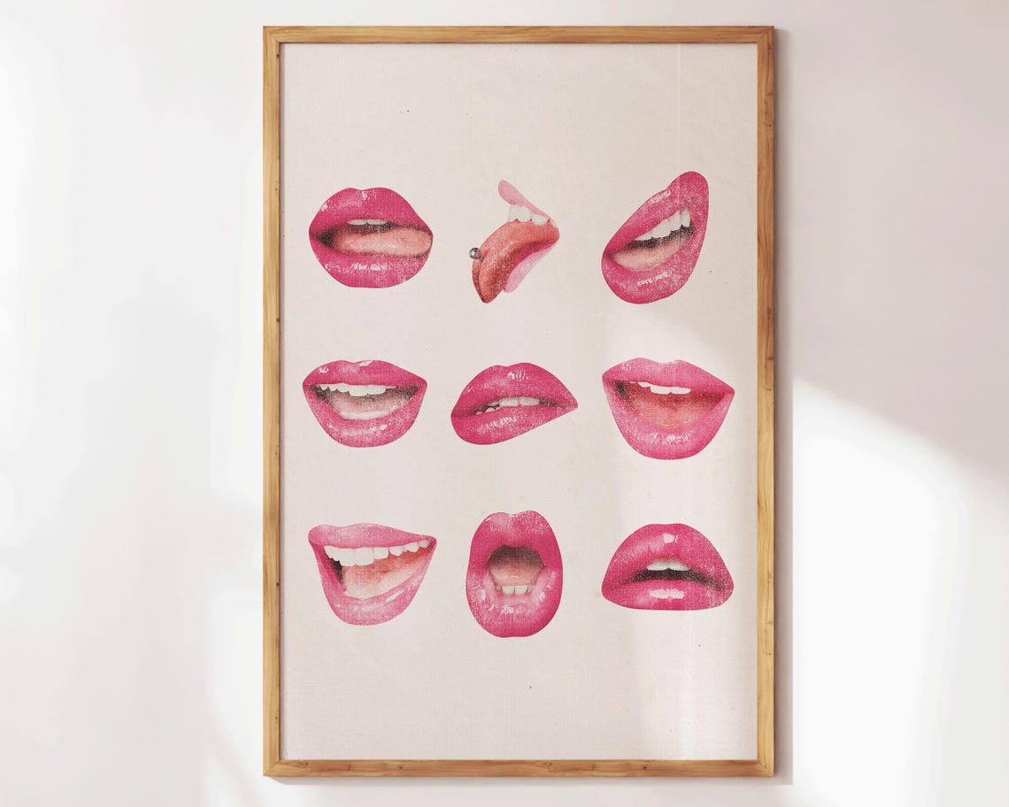 Retro Pink Glossy Lips Grid Pop Art Makeup Mouth Beauty Poster