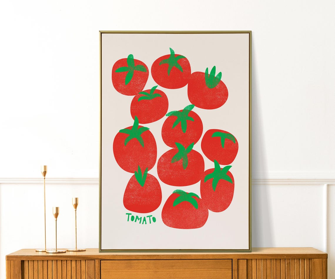 Retro Red Tomato Pattern Kitchen Decor Illustration Art Poster