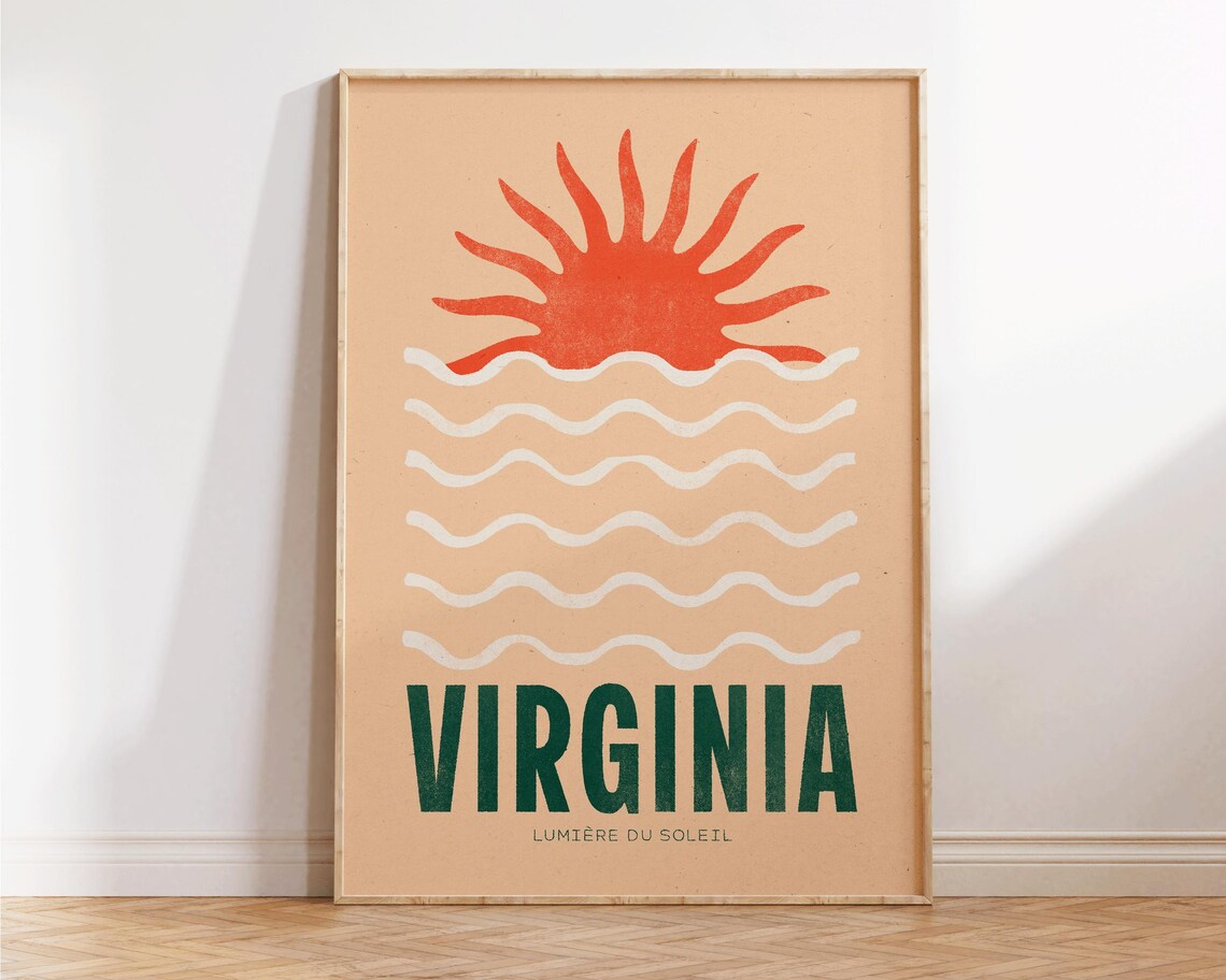 Virginia Lumiere du Soleil Orange Sun Waves Retro Beach Travel Poster