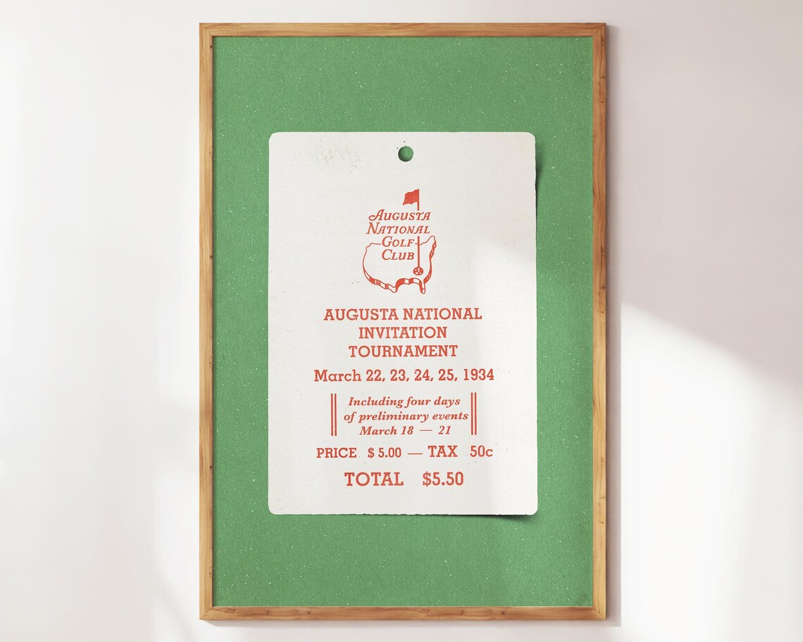 Augusta National 1934 Tournament Red Ink Ticket Tag Art Poster