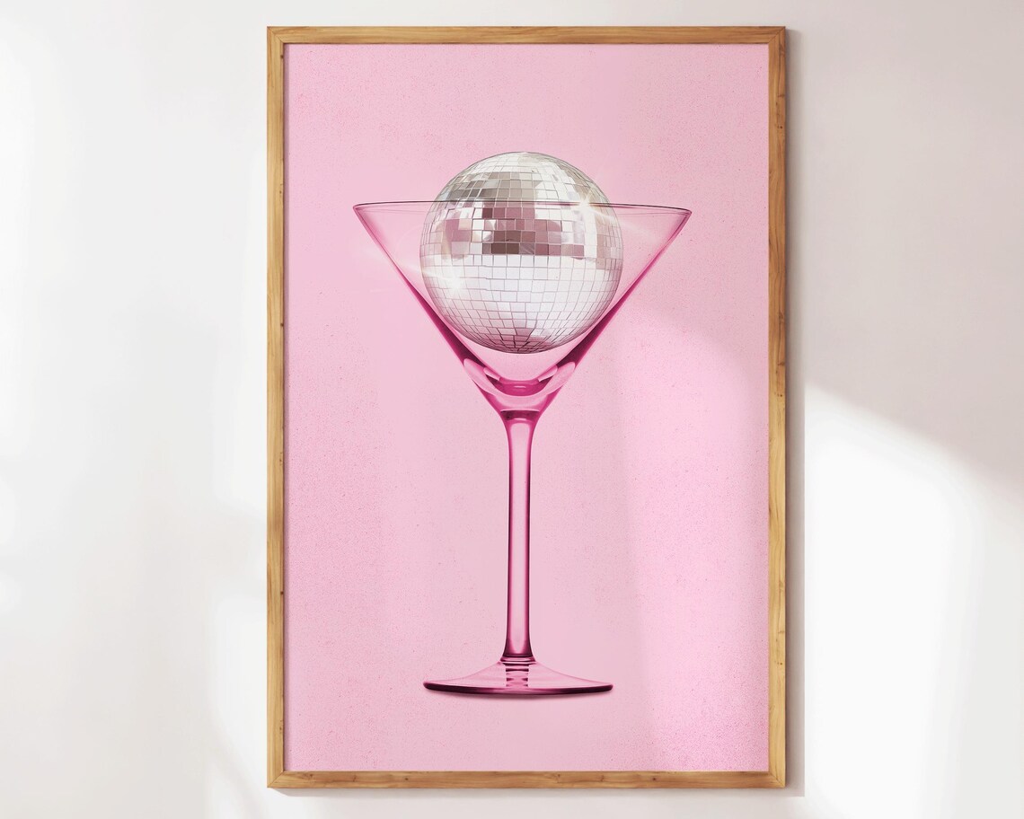 Pink Disco Ball Martini Glass Retro Cocktail Bar Cart Poster