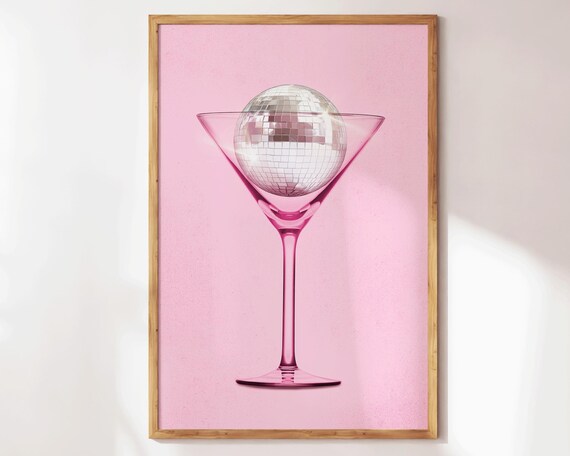 Pink Disco Ball Martini Glass Retro Cocktail Bar Cart Poster