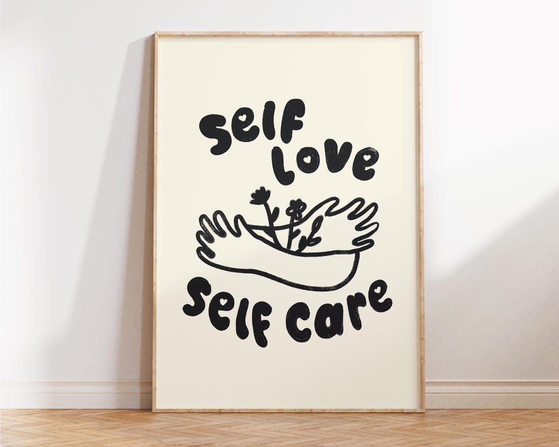 Self Love Self Care Bubble Letters Open Hands Floral Decor Poster
