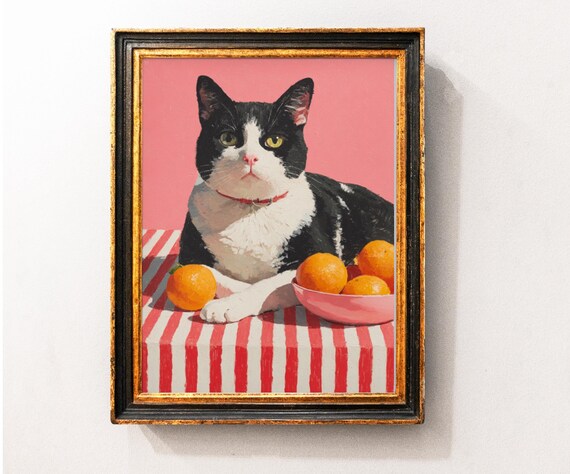 Black and White Tuxedo Cat With Oranges Still Life Painting Poster