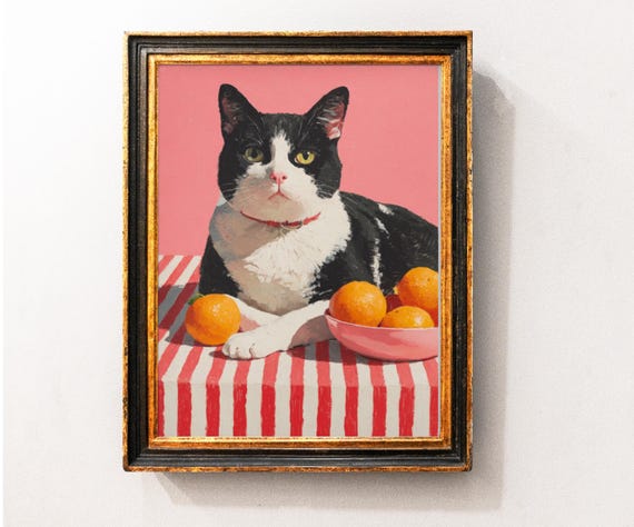 Funny Black An White Cat Stripes Wall Art Print Cute Kitchen Poster Decor Room Kitten Home Picture