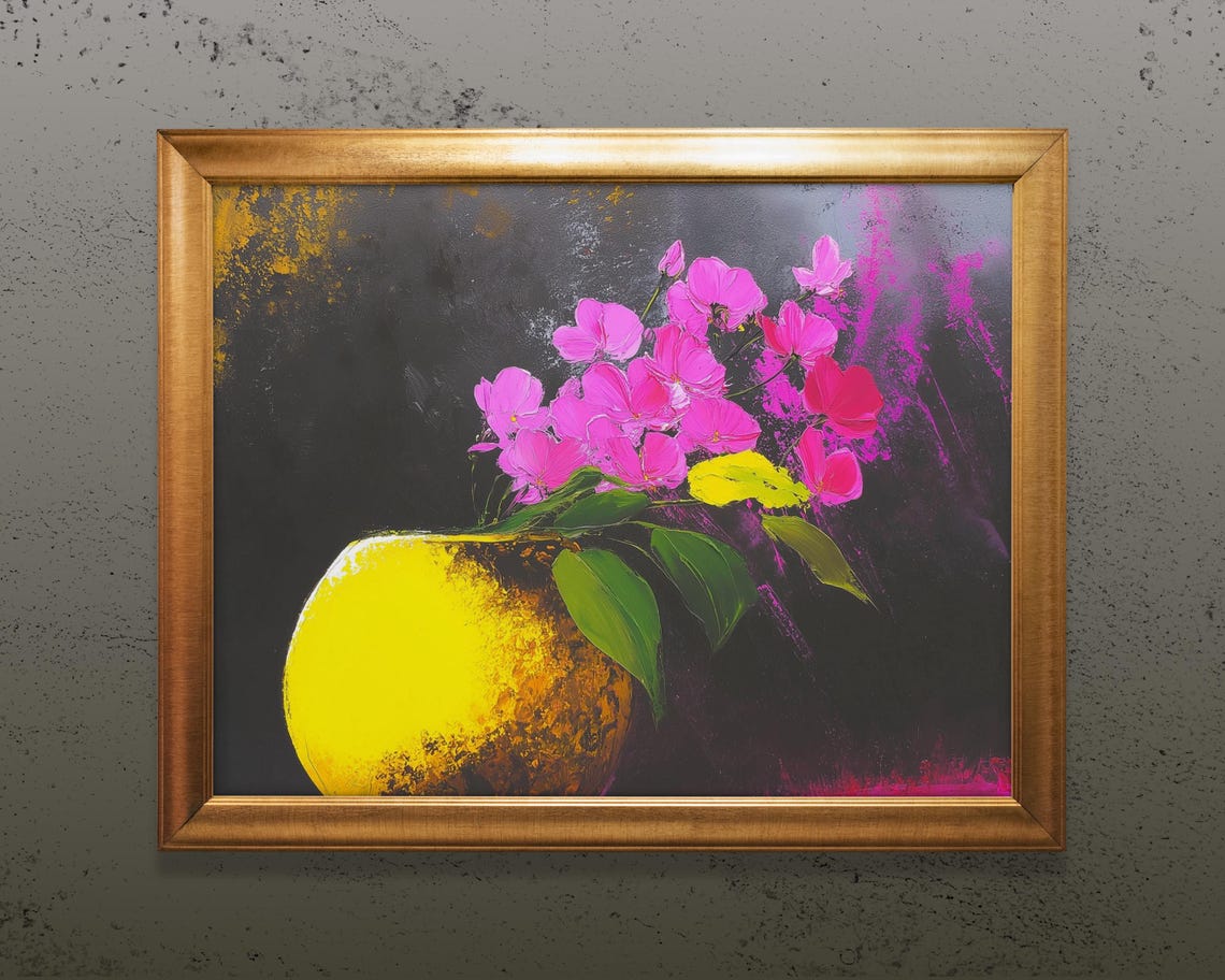 Pink Orchid Flower Vase Textured Abstract Oil Painting Poster