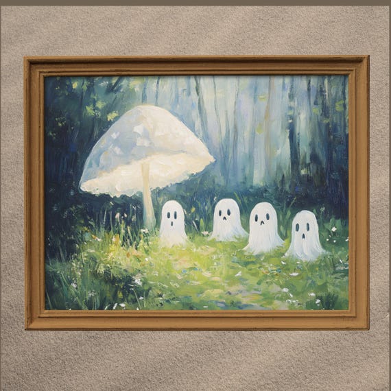 Cute Ghosts In Forest Wall Art Print Halloween Nursery Poster Sheeted Room Decor