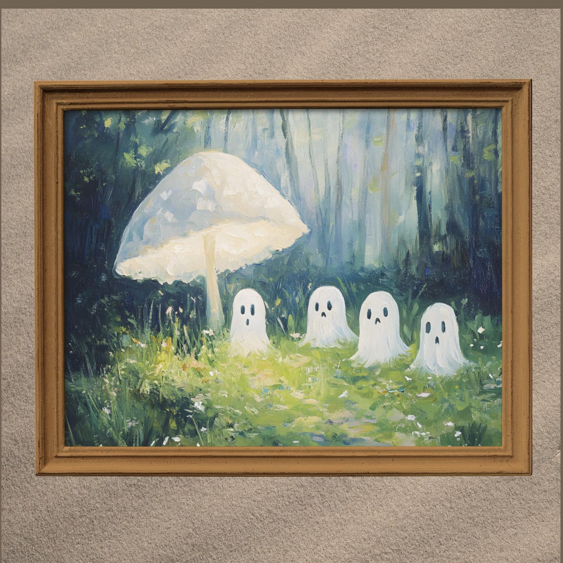 Cute Little Ghosts in Moonlit Forest Mushroom Halloween Art Poster