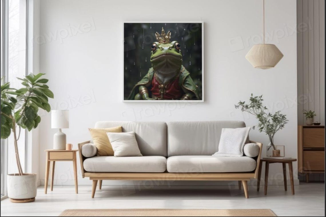 Regal Frog King Wearing a Golden Crown Standing in the Rain Poster - Image 2
