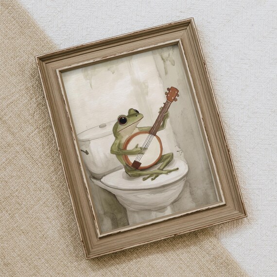Banjo Frog On Toilet Retro Funny Bathroom Art Print