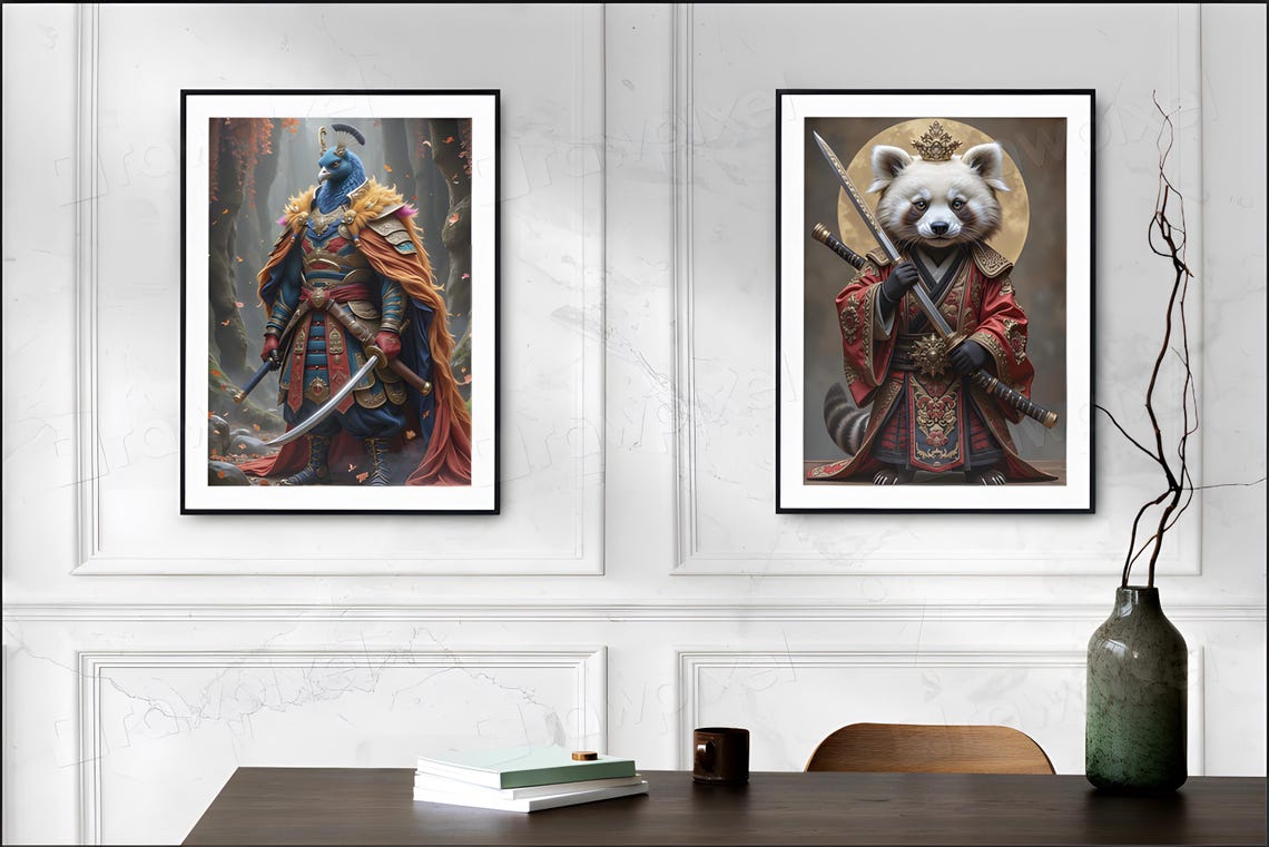 Armored Peacock Warrior with Drawn Sword in an Autumn Forest Poster - Image 2