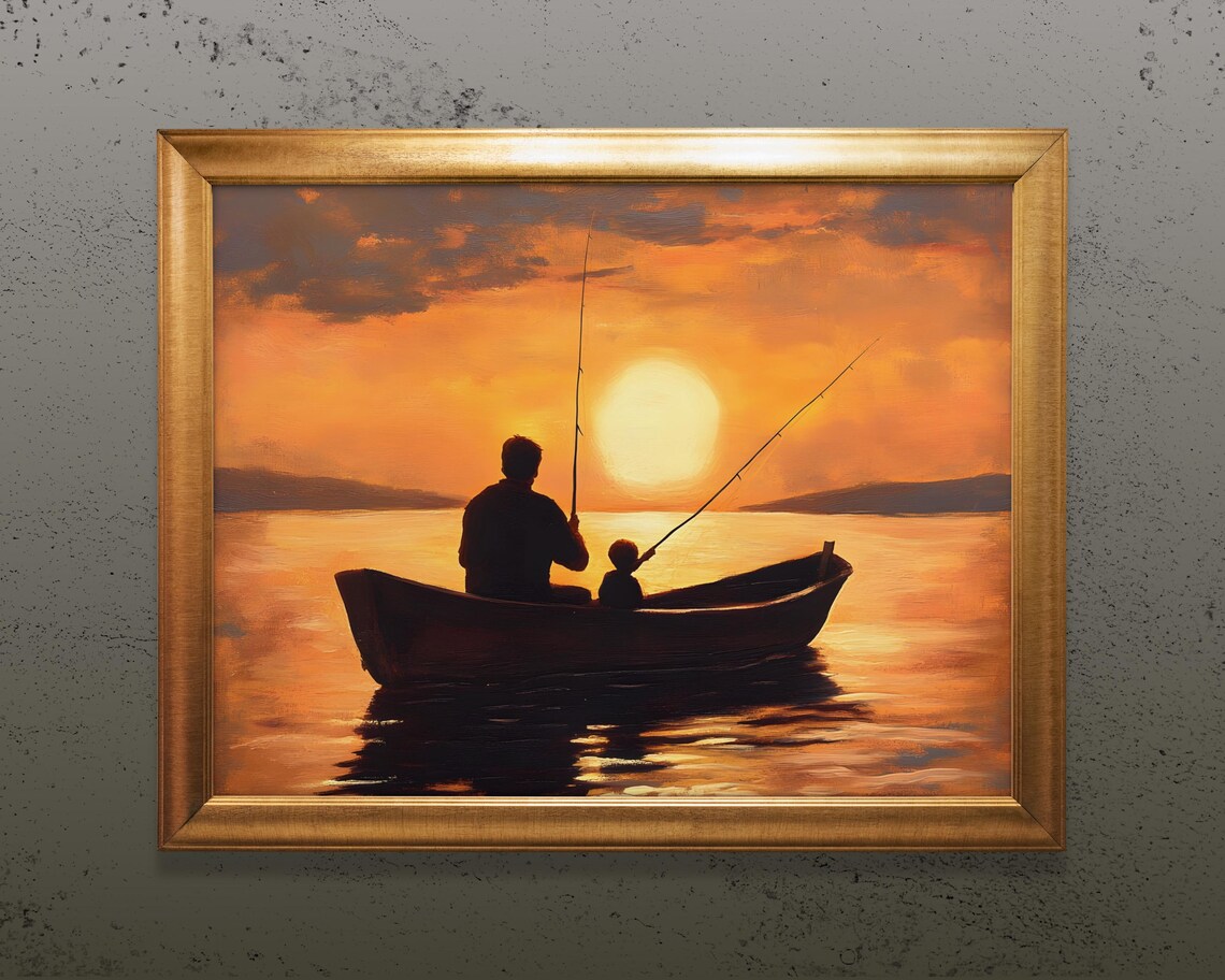 Father And Son Fishing Painting, Gift For Dad