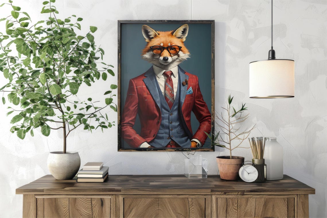 Dapper Red Fox in Burgundy Suit, Vest and Glasses Portrait Poster - Image 6
