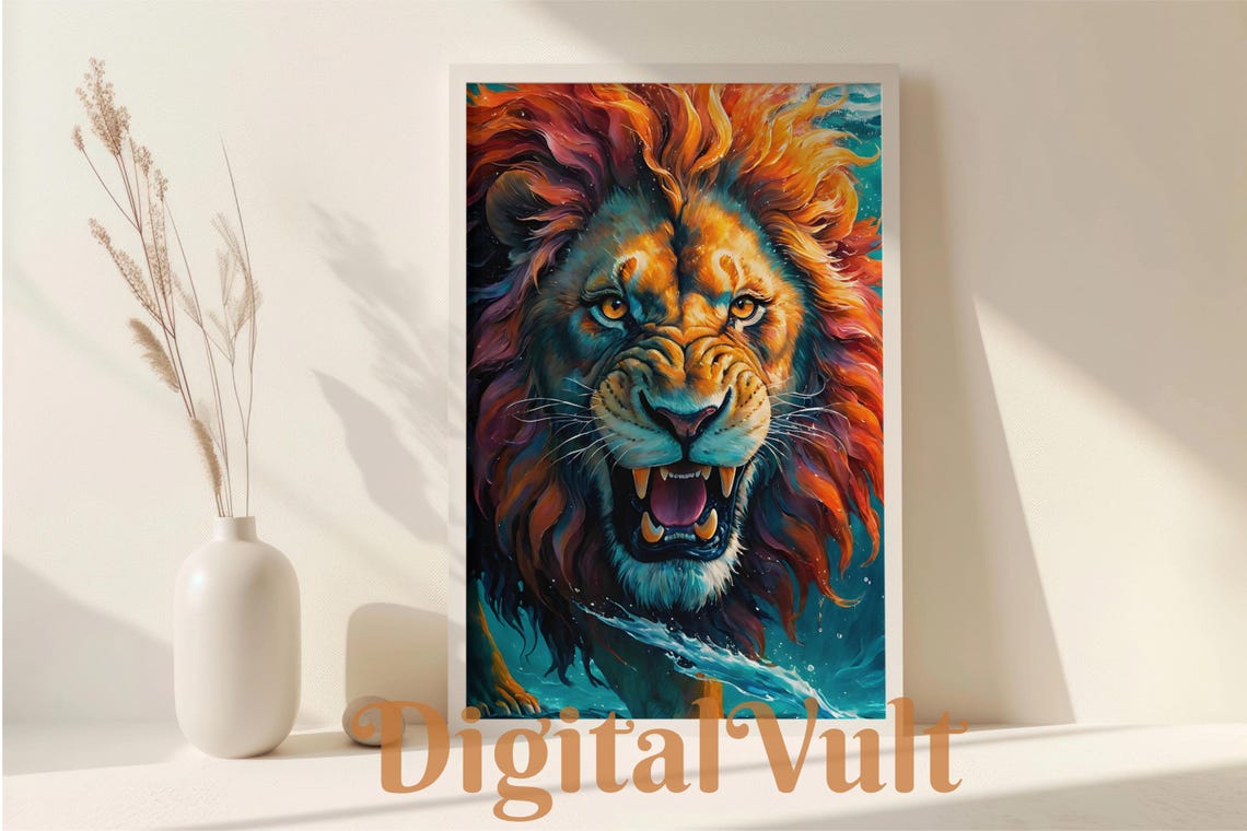 Roaring Lion with Fiery Colorful Mane Close-Up Portrait Poster