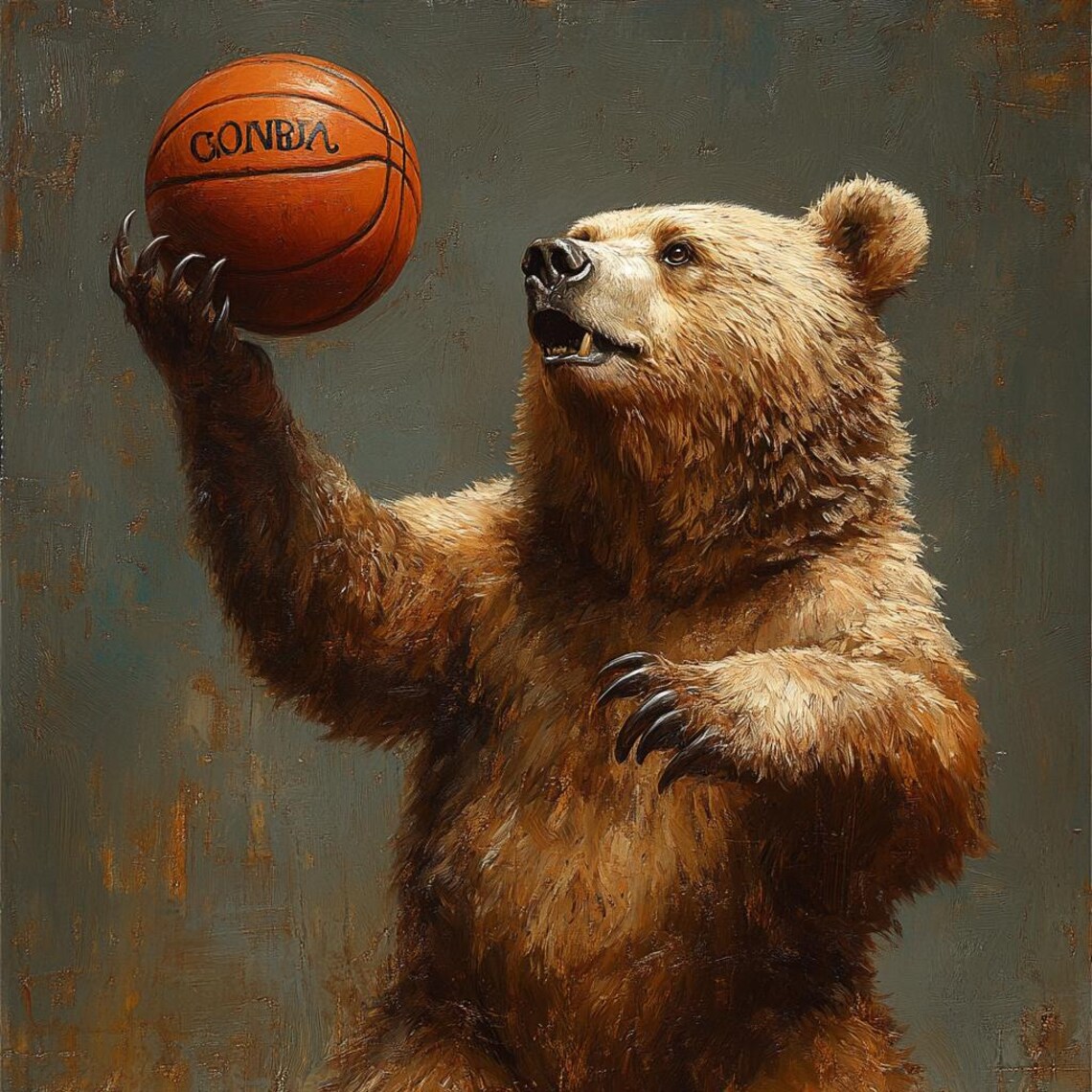 Bear Basketball Oil Painting, Game Room Decor