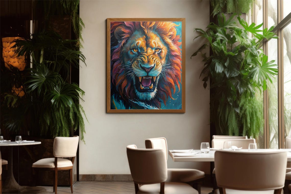 Roaring Lion with Fiery Colorful Mane Close-Up Portrait Poster - Image 3