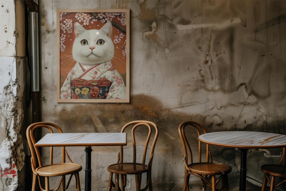 Cat In Kimono Blossoms, Spring Feline Art Print - Image 3