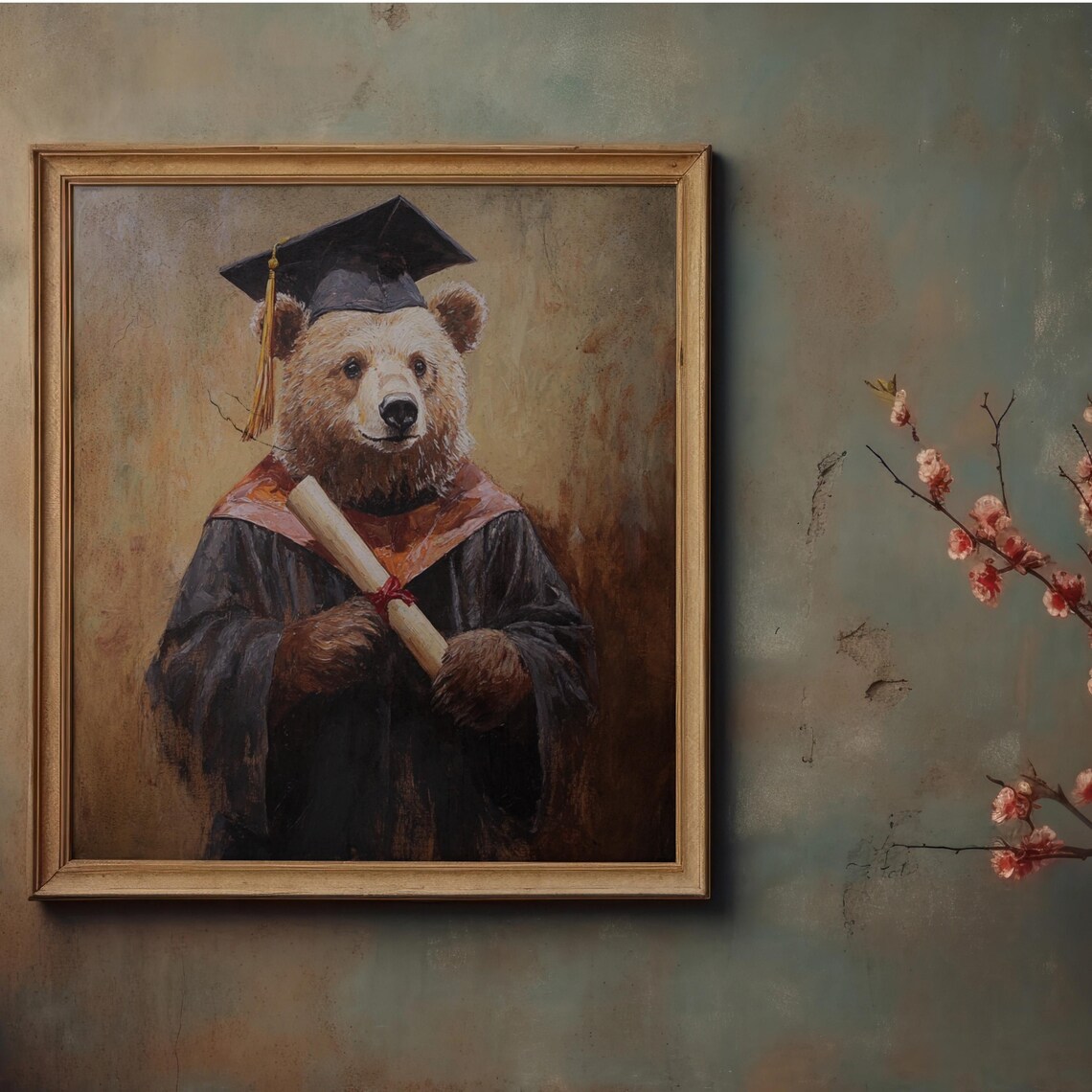 Grizzly Bear in Graduation Cap and Gown Holding Diploma Art Poster - Image 3