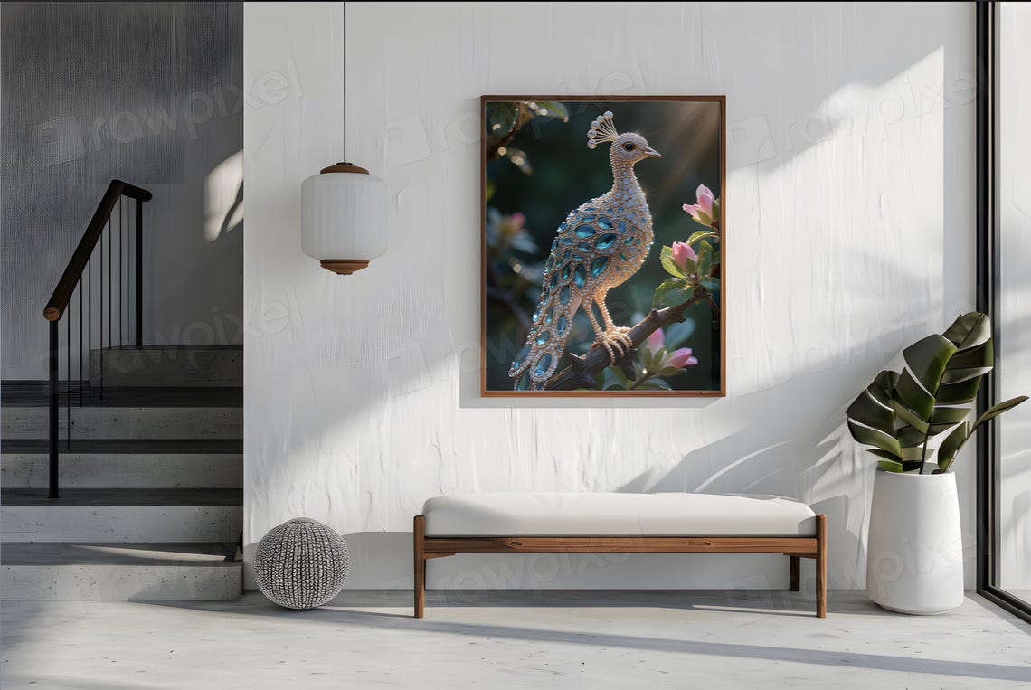 Jeweled Peacock Made of Blue Gemstones Perched on Branch Poster - Image 4