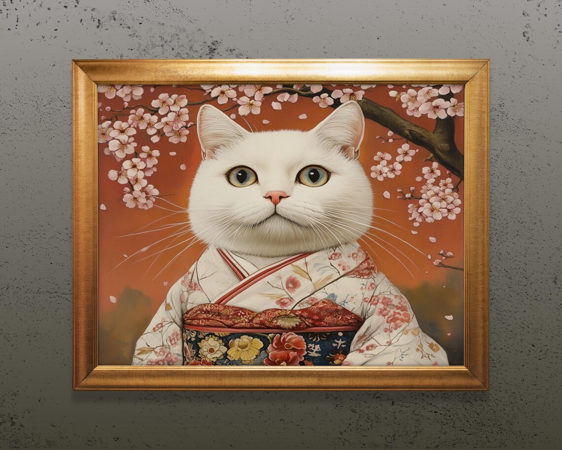 Cat In Kimono Blossoms, Spring Feline Art Print