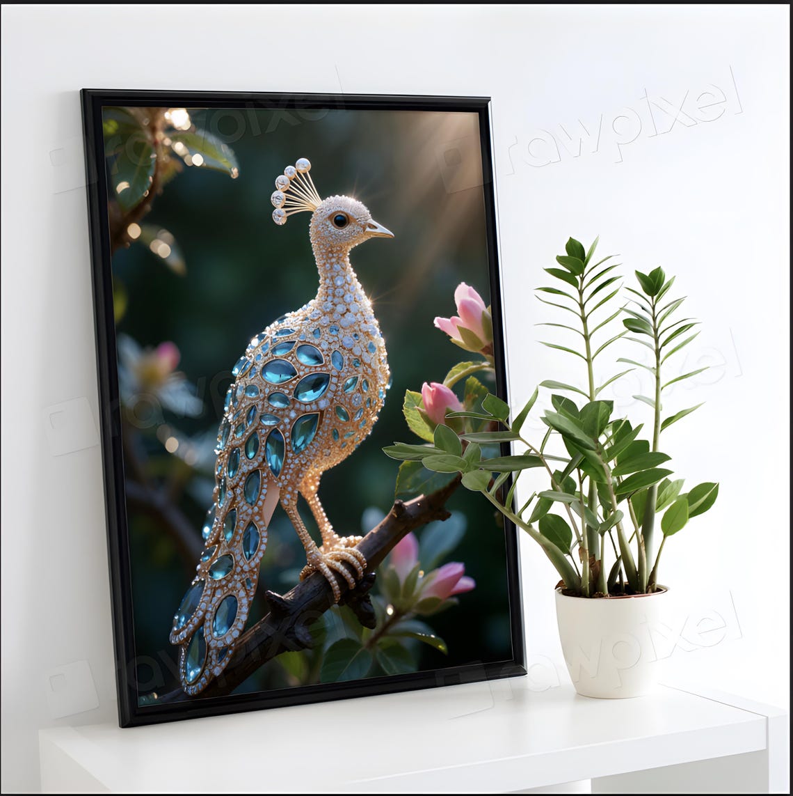 Jeweled Peacock Made of Blue Gemstones Perched on Branch Poster - Image 3