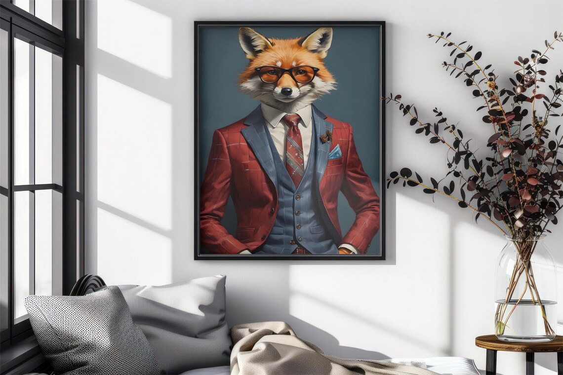Dapper Red Fox in Burgundy Suit, Vest and Glasses Portrait Poster - Image 4