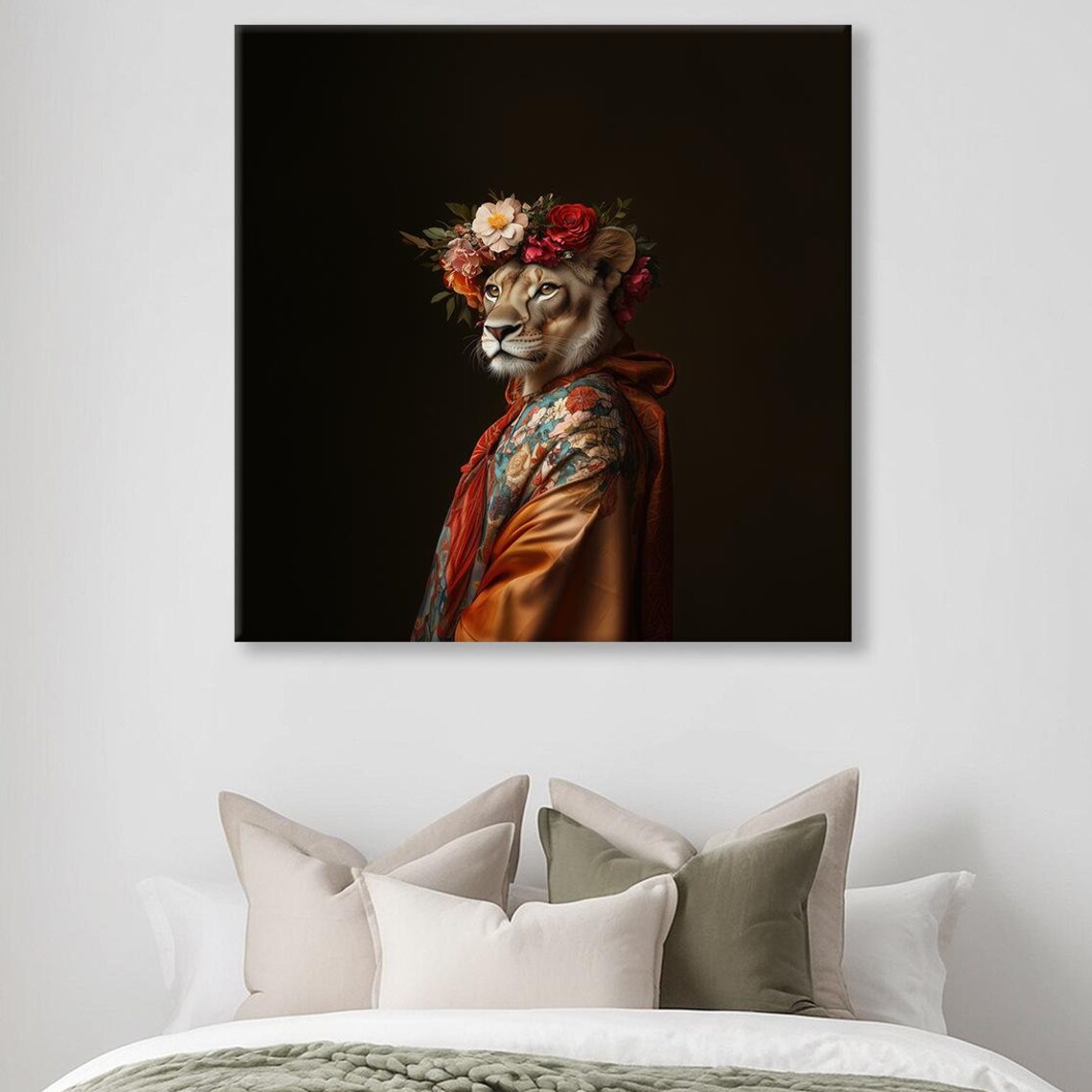 Lioness In Floral Crown And Kimono Robe Dark Maximalist Portrait Poster