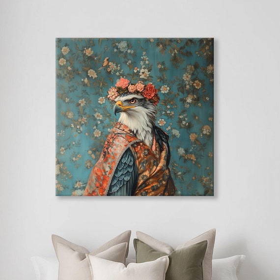 Maximalist Eclectic Fashionista Eagle Print Bold Altered Animal Portrait Fantasy Fun Colorful Flowery Rustic Vintage Floral Art