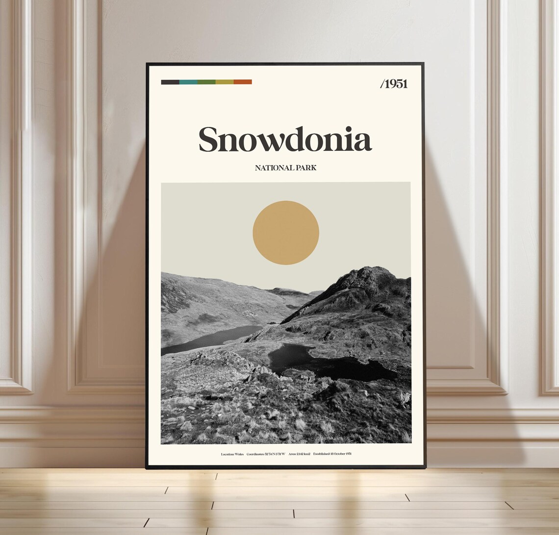 Snowdonia National Park Wales 1951 Retro Mountain Travel Poster