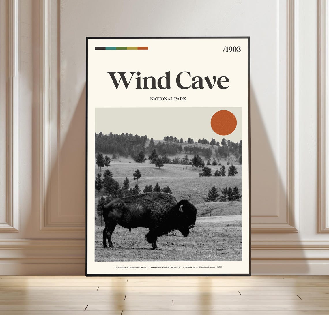 Wind Cave National Park 1903 Retro Bison Minimalist Travel Poster