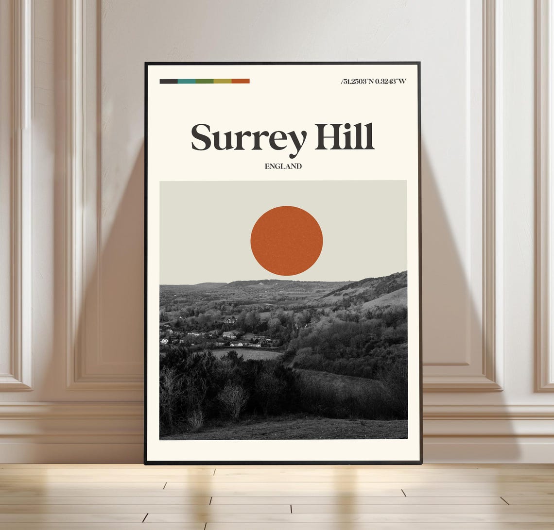 Surrey Hill England Rolling Green Countryside Boho Travel Poster
