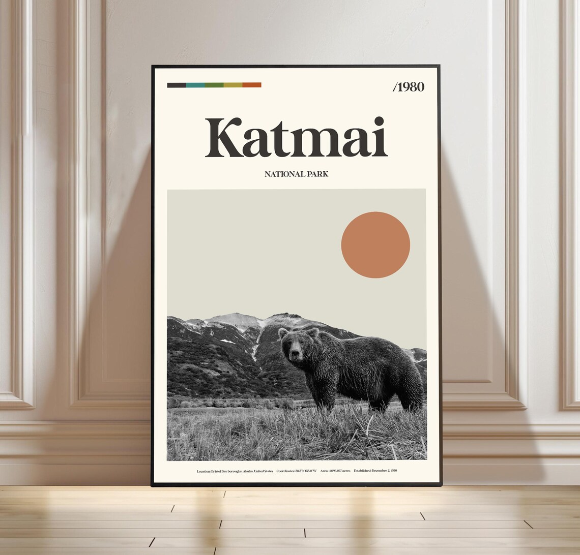 Katmai National Park Alaska Brown Bear Black White Wildlife Travel Poster