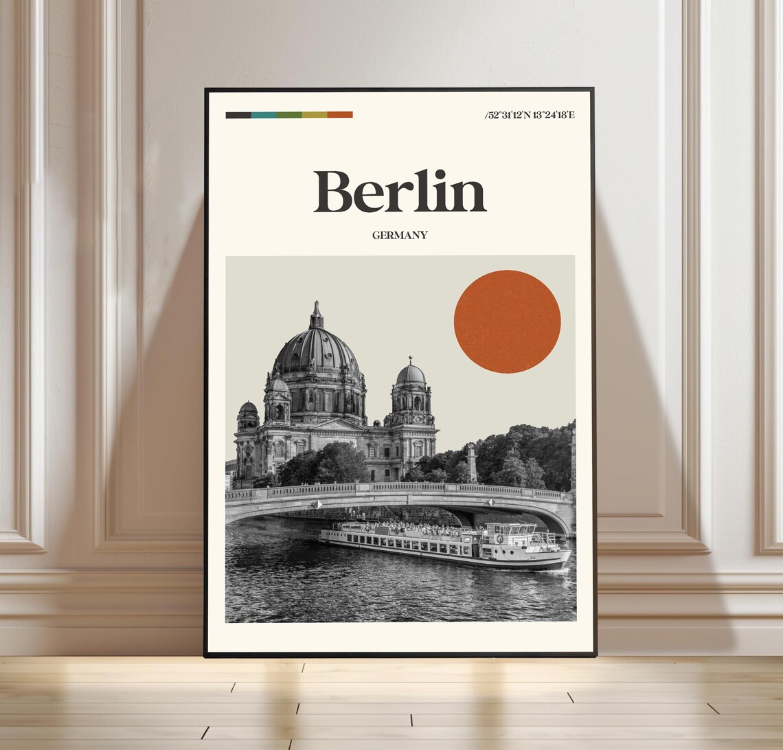 Berlin Germany Cathedral Spree River Boat Orange Sun Travel Poster