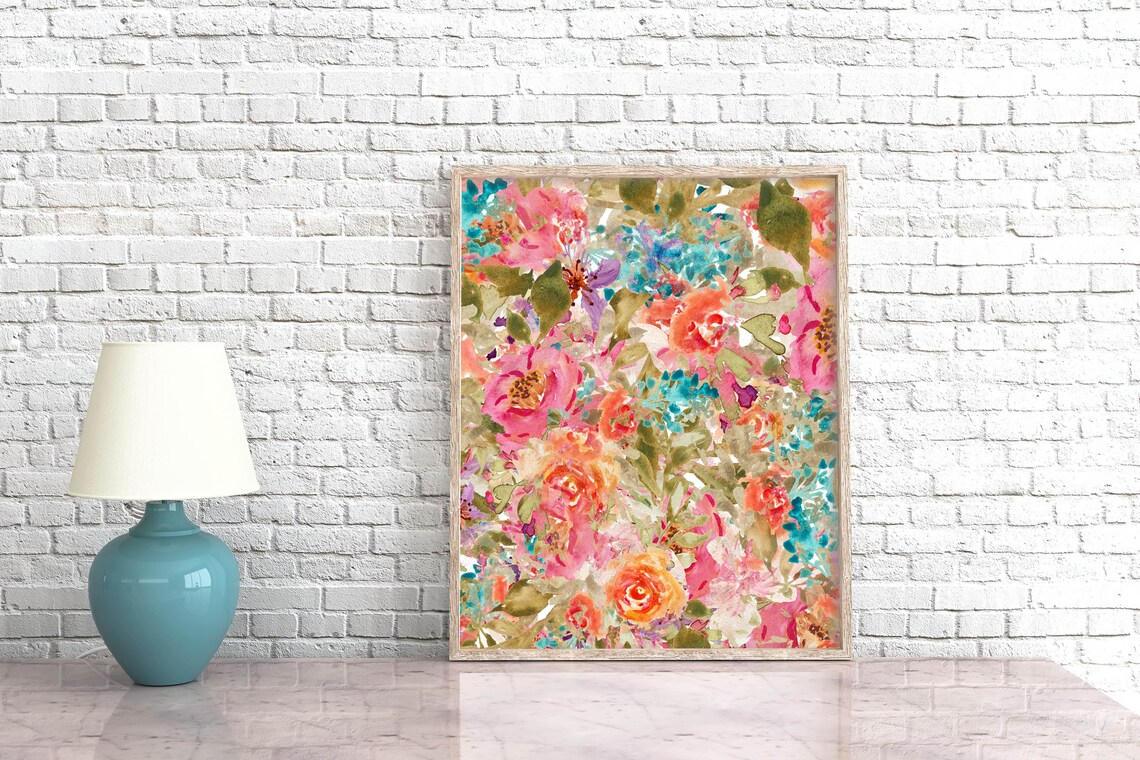 Abstract Watercolor Floral in Pink Coral and Teal Botanical Wall Poster - Image 2