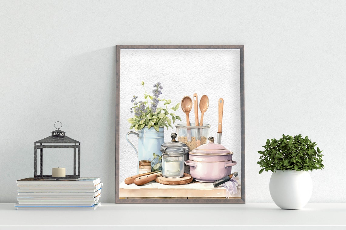 Watercolor Kitchen Still Life Enamelware Pitcher Utensils Home Poster - Image 5