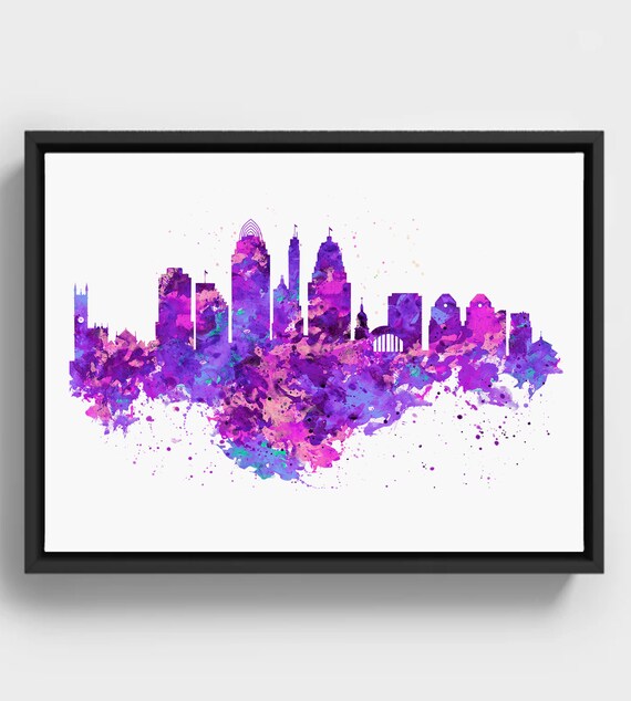 Cincinnati Skyline Watercolor Art Print Purple Blue Cityscape