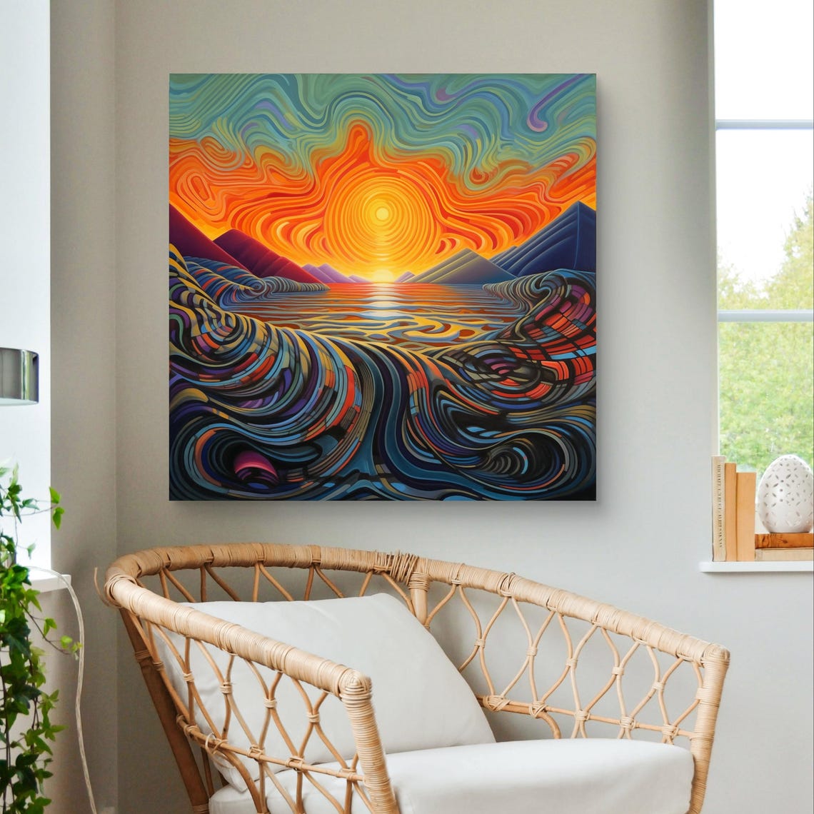 Vibrant Sunrise Swirl Abstract Print Psychedelic Landscape Modern Sun Mountain Wall Art