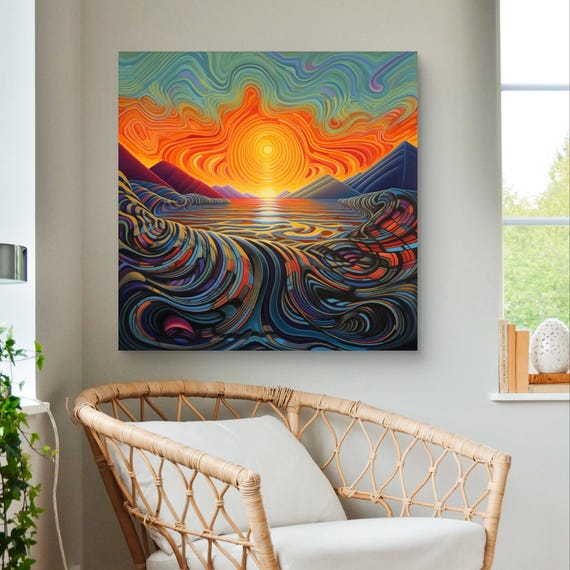 Vibrant Sunrise Swirl Abstract Print Psychedelic Landscape Modern Sun Mountain Wall Art